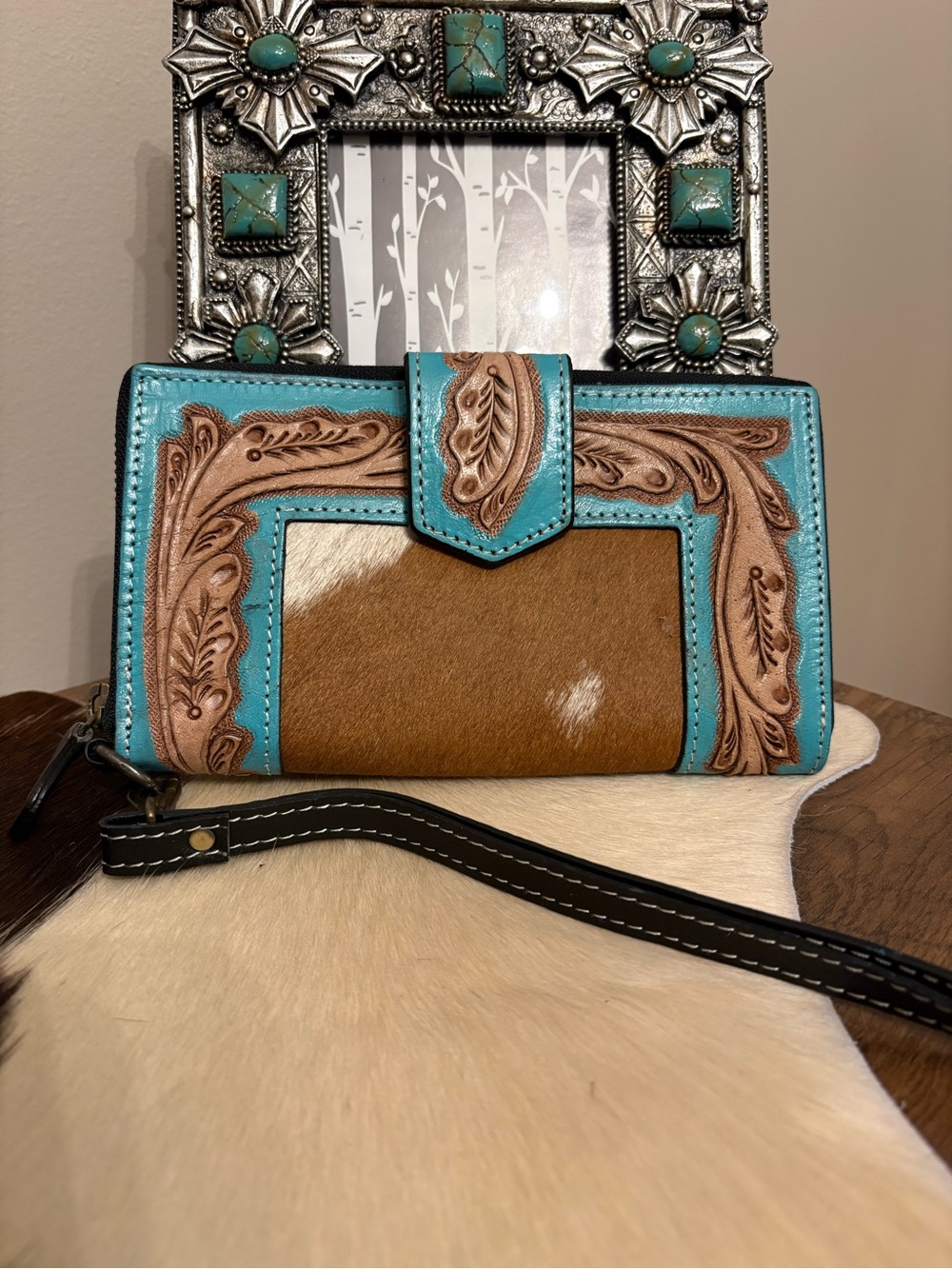 Turquoise & Brown Tooled Leather Wristlet Wallet